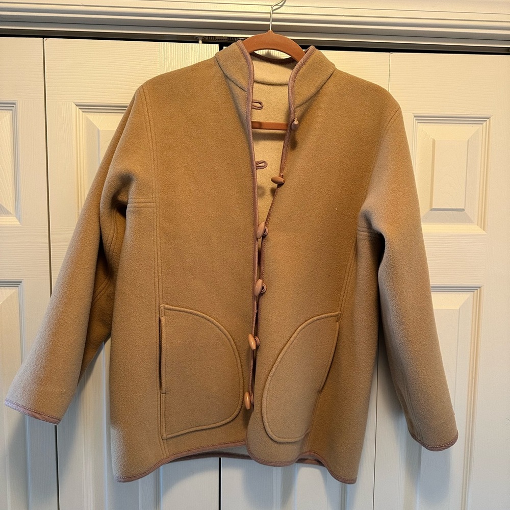 Minimalist 1970's Tan and Cream Wool Turnaround "Cuddle Coat" Jacket / Sz M/L